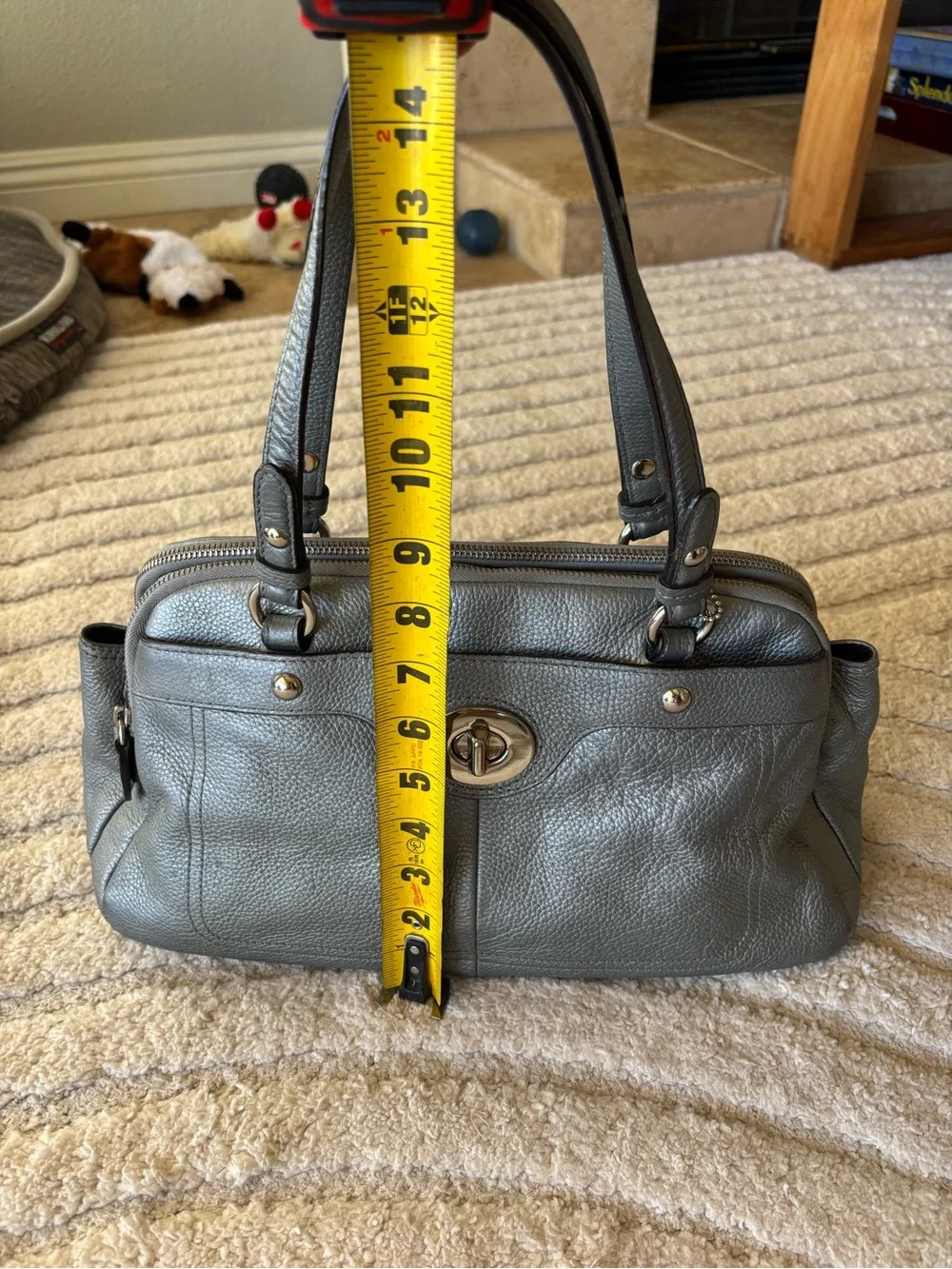 Coach Pebbled Leather Turnlock Shoulder Bag in Metallic Gray